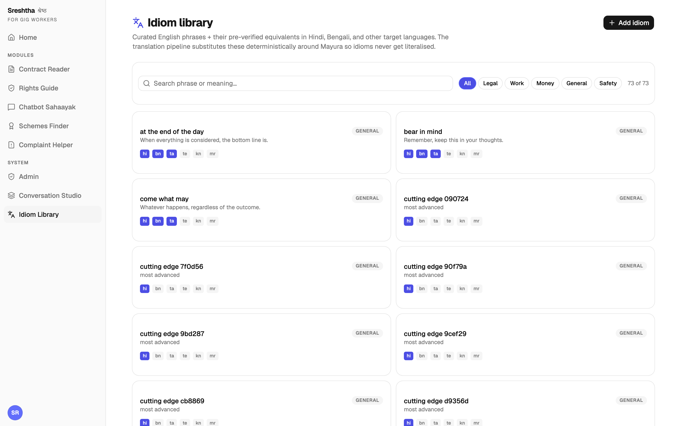 Idiom library admin panel showing idioms with source phrase, meaning, category badge, and coloured indicators for languages that have translations.